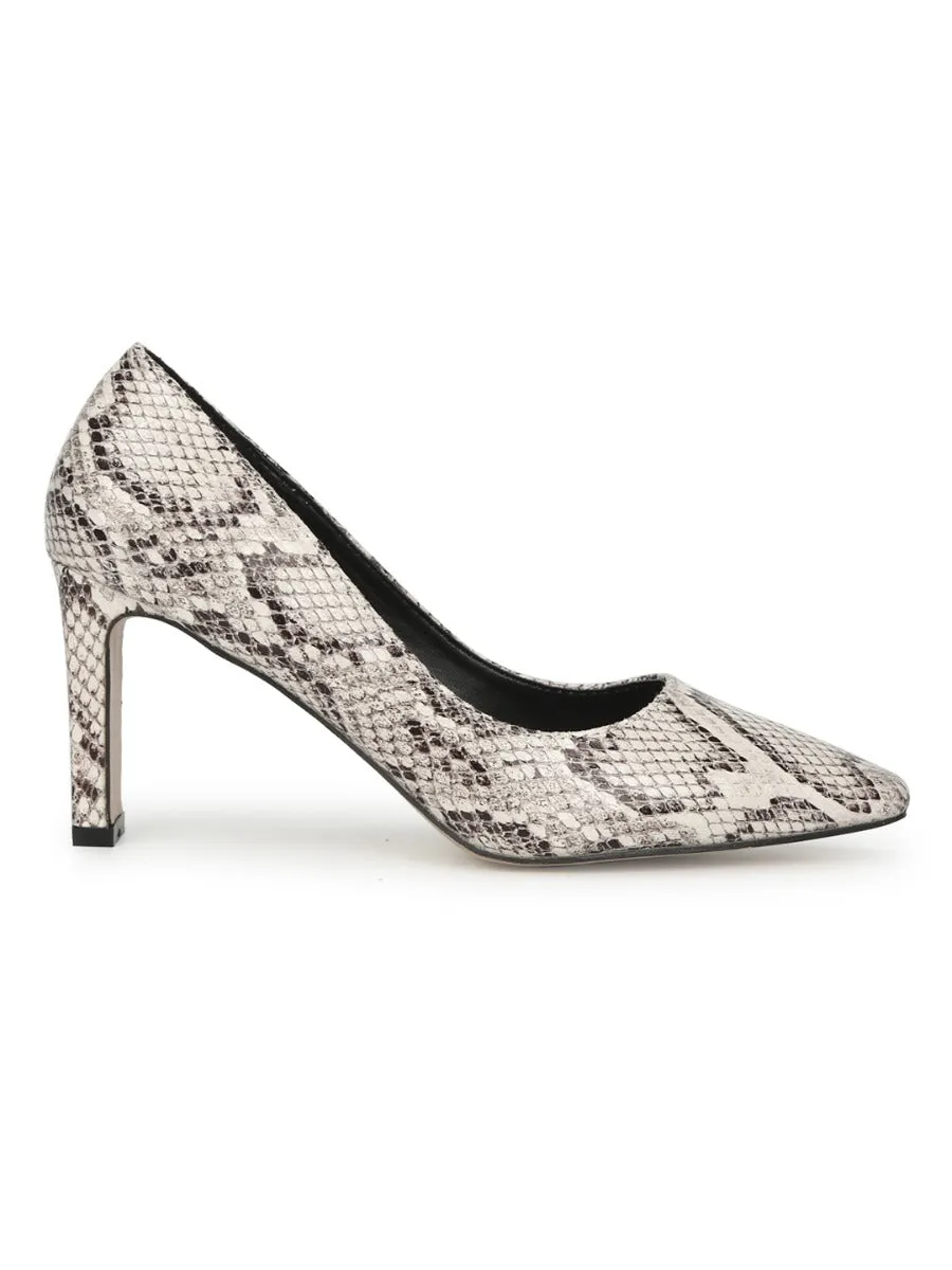 Beige PU Snake Pattern Slim Block Heel Pumps