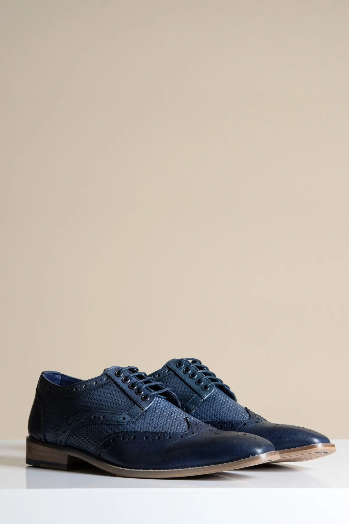 BRANDON - Navy Blue Leather Wingtip Brogue Shoe