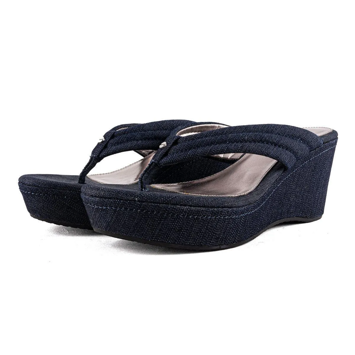 Calvin Klein Platform Wedge Sandals Denim Fabric Blue Colour For Women