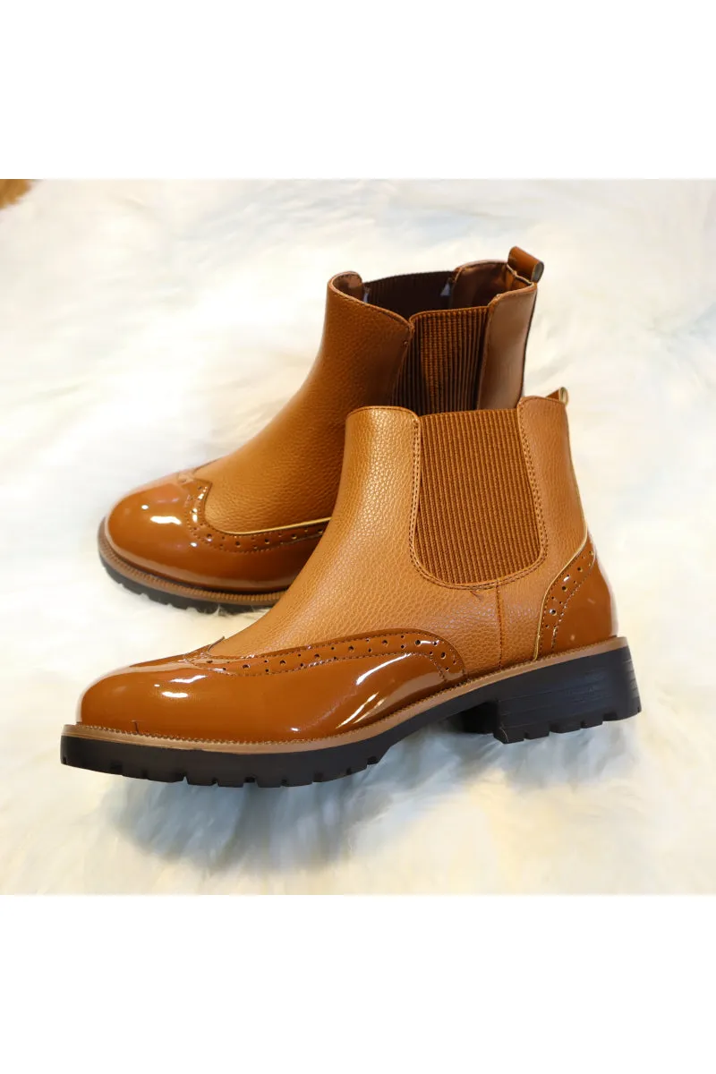 CAMEL NAPPA & PATENT BROGUE STYLE FAUX LEATHER CHELSEA BOOT