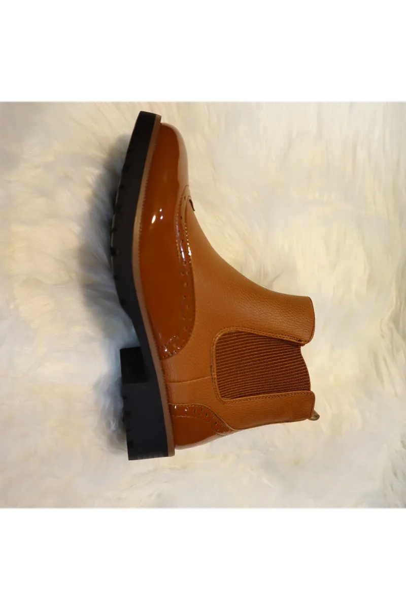 CAMEL NAPPA & PATENT BROGUE STYLE FAUX LEATHER CHELSEA BOOT