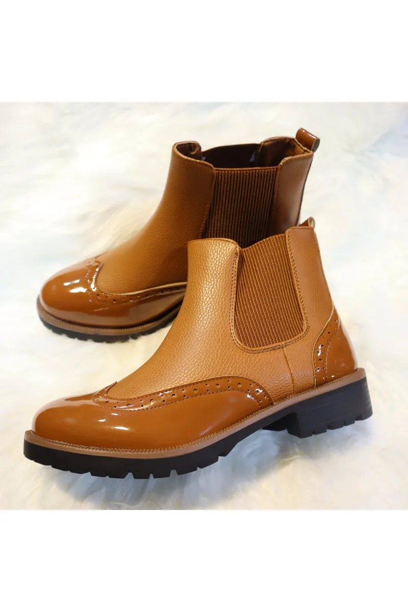 CAMEL NAPPA & PATENT BROGUE STYLE FAUX LEATHER CHELSEA BOOT