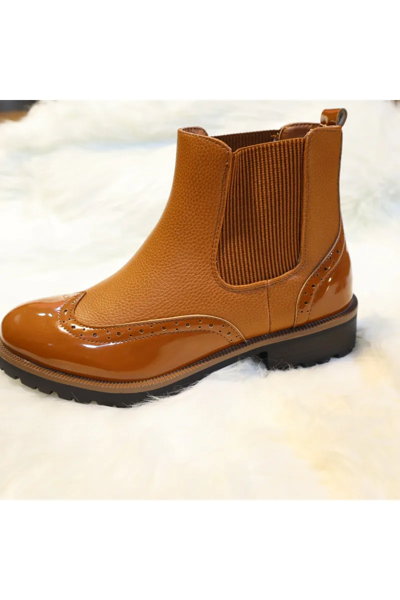 CAMEL NAPPA & PATENT BROGUE STYLE FAUX LEATHER CHELSEA BOOT