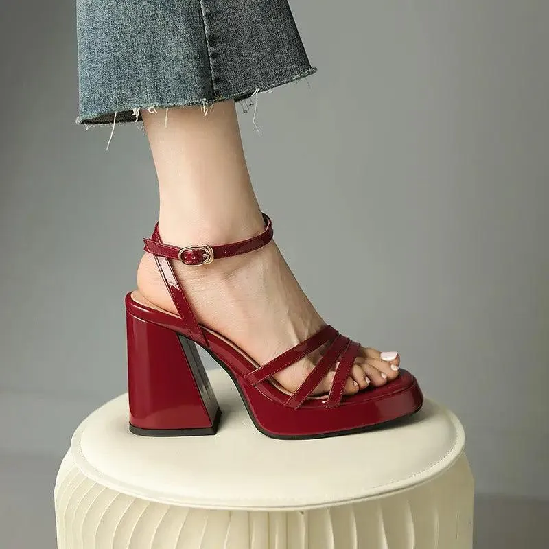 Chic Roman High Heels with Adjustable Buckle and Patent Leather Finish