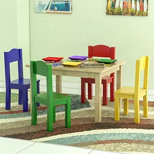 DecorNation Judith Solid Wood Table & Chairs (Kids Furniture, Sturdy Wooden Furniture, 5-Piece Set)