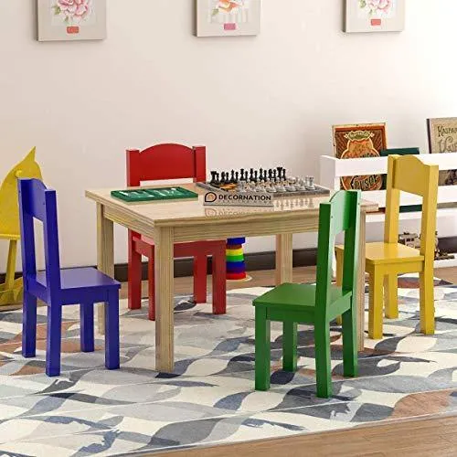 DecorNation Judith Solid Wood Table & Chairs (Kids Furniture, Sturdy Wooden Furniture, 5-Piece Set)