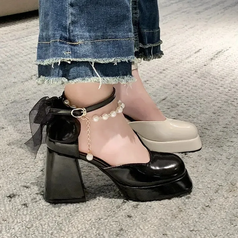 Elegant Bow Pearl Platform Heels