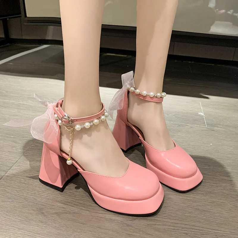 Elegant Bow Pearl Platform Heels