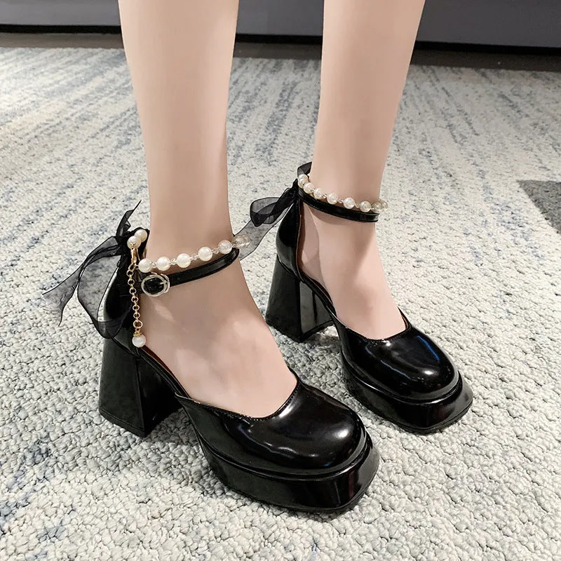 Elegant Bow Pearl Platform Heels