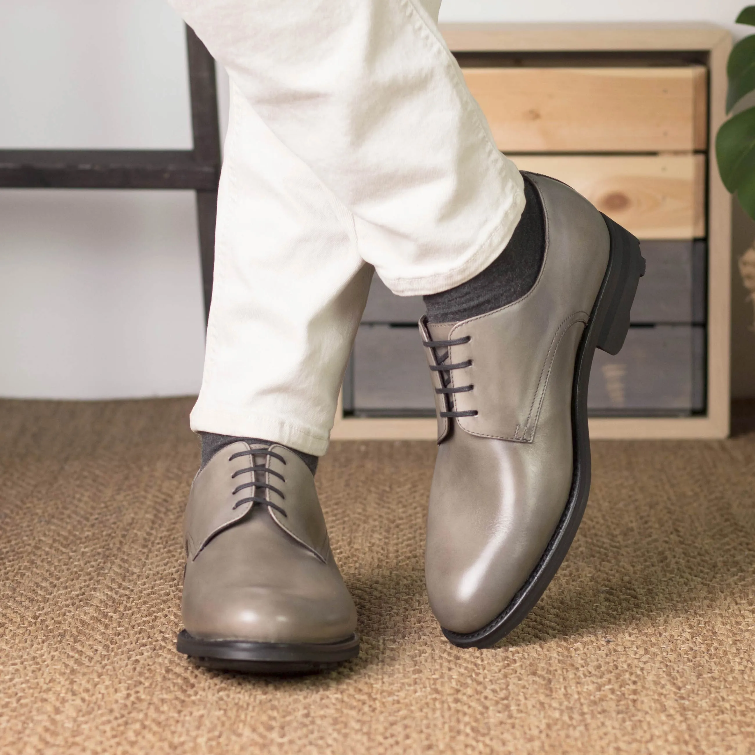 Grey Painted Calf Leather Derby Shoes