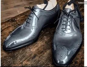 Handmade Men's Gray Leather Brogue Shoes