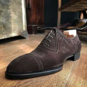 Handmade Men's Suede Dark Brown Derby Cap Toe Shoes