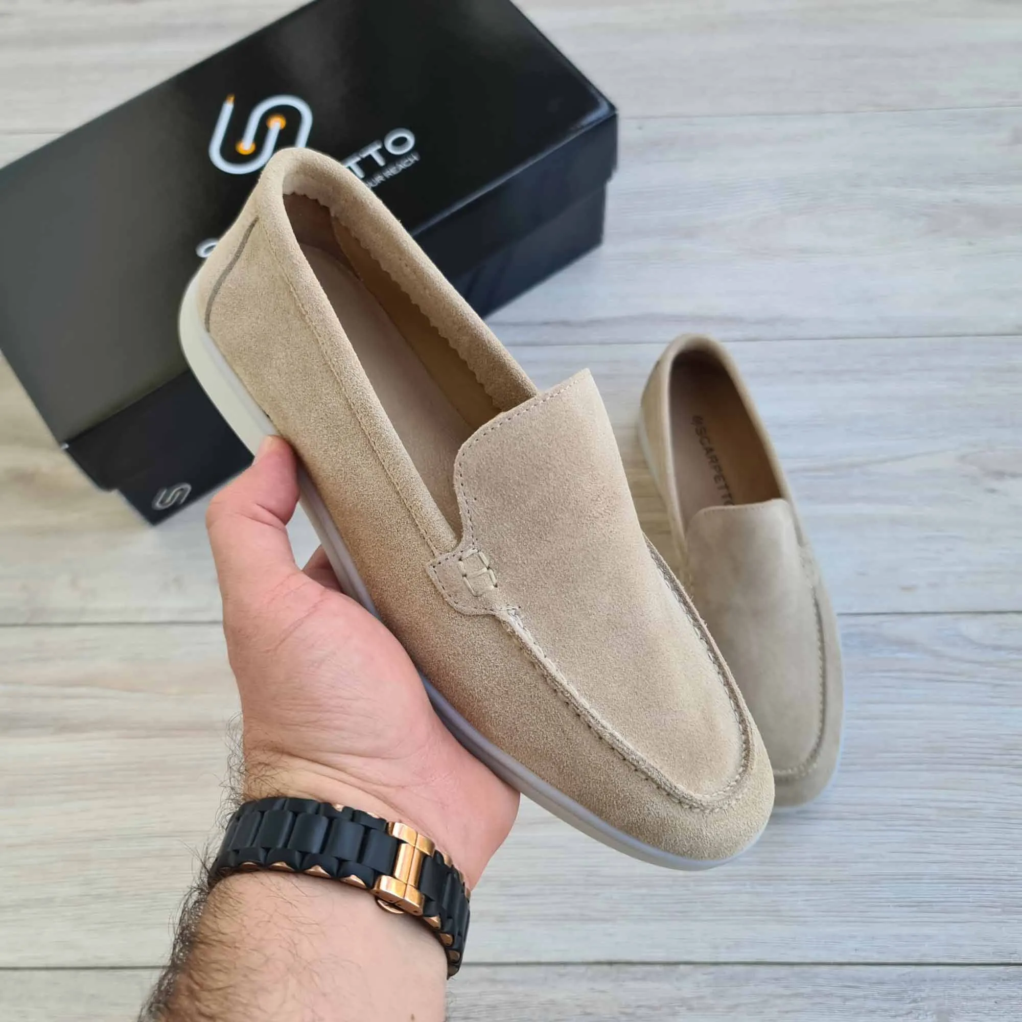 Men's Suede Leather Loafers - White Sole