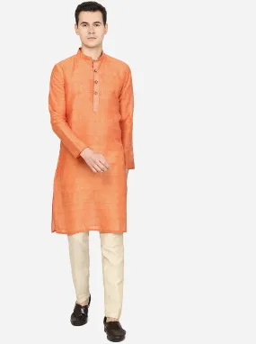 Metallic Orange Printed Silk Blend Kurta for Men