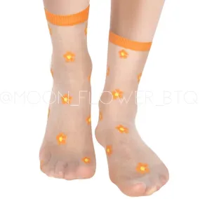 Orange Trendy Summer Floral Mesh Daisy Flower Socks