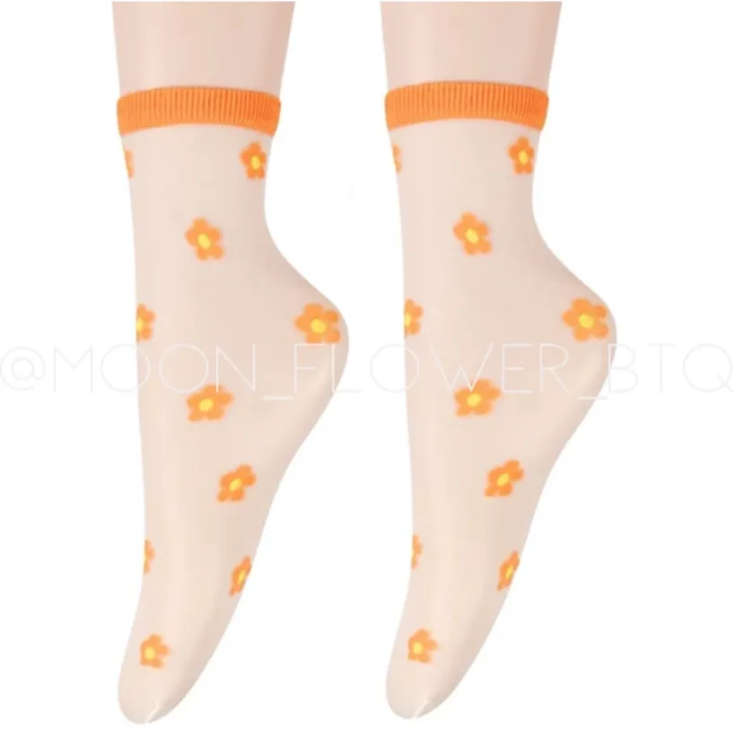 Orange Trendy Summer Floral Mesh Daisy Flower Socks