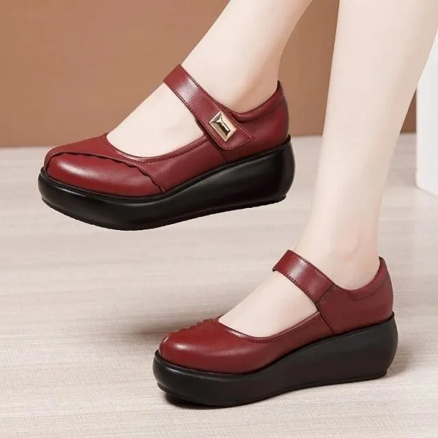 Round Toe Thick Bottom Leather Wedge Shoes