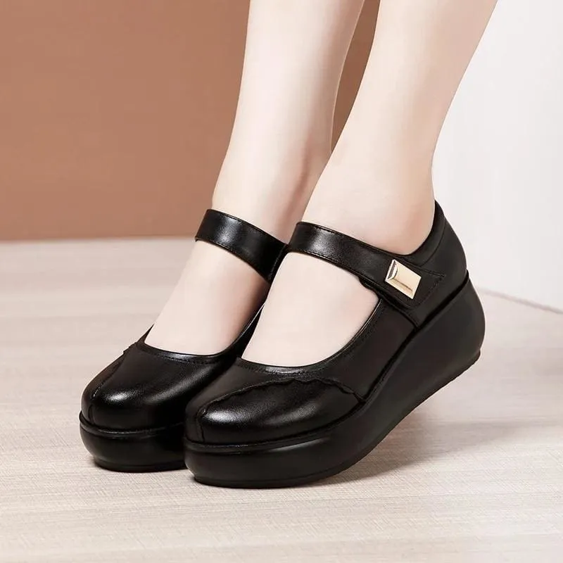 Round Toe Thick Bottom Leather Wedge Shoes