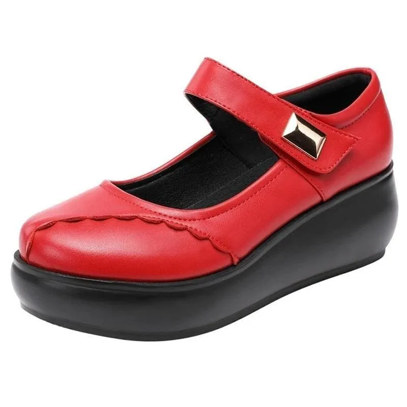 Round Toe Thick Bottom Leather Wedge Shoes