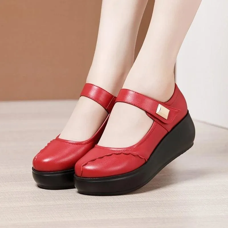 Round Toe Thick Bottom Leather Wedge Shoes