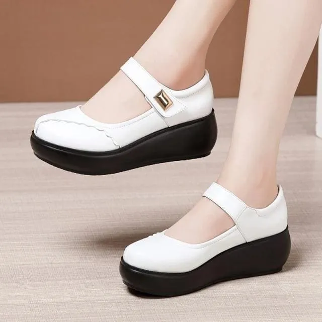 Round Toe Thick Bottom Leather Wedge Shoes