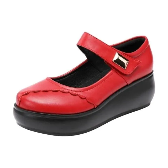 Round Toe Thick Bottom Leather Wedge Shoes