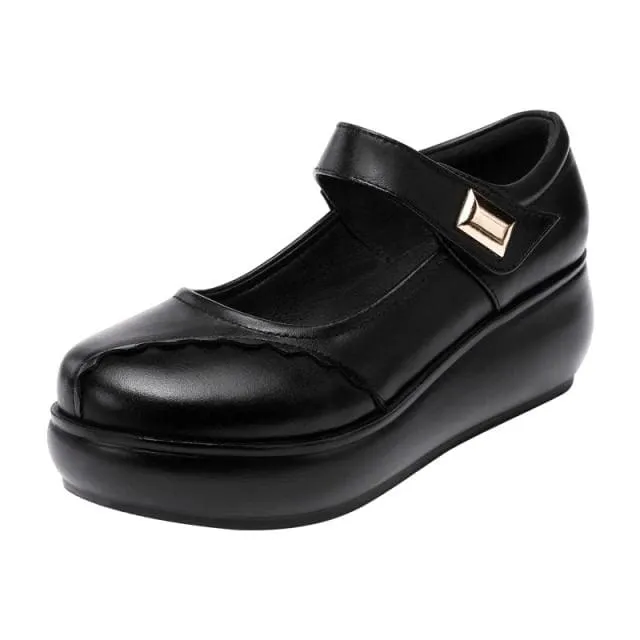 Round Toe Thick Bottom Leather Wedge Shoes