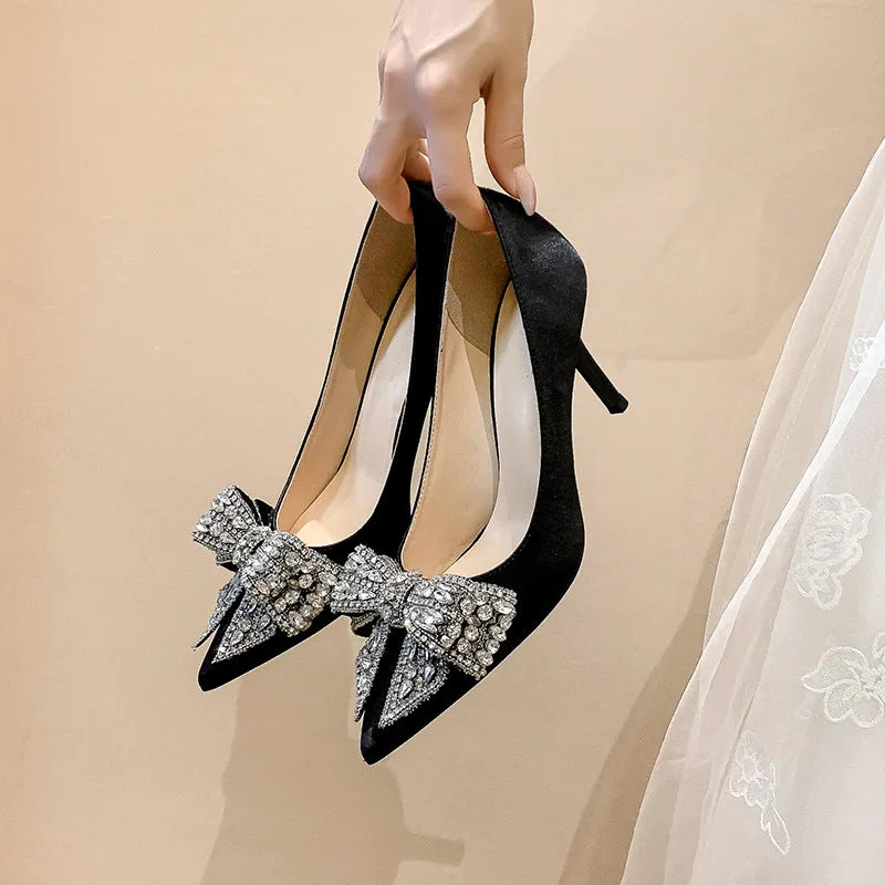 Satin Bow Knot Crystal High Heels