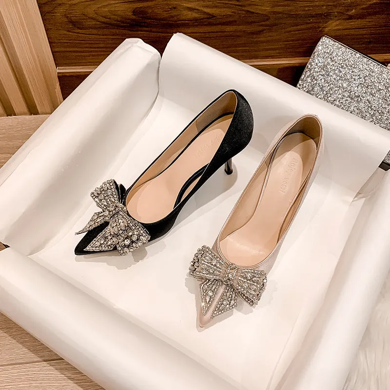 Satin Bow Knot Crystal High Heels