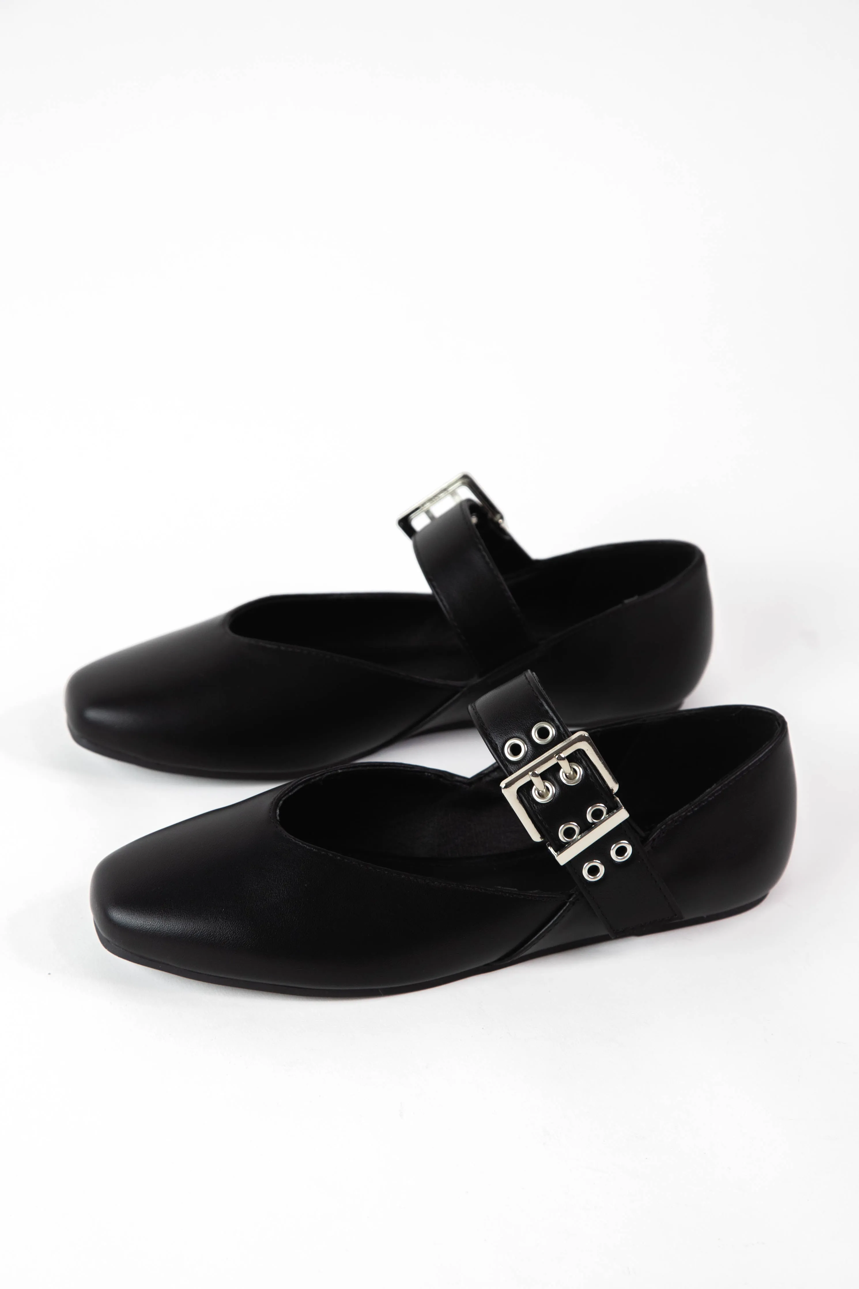 Seabert Buckle Mary Jane Flat, Black PU