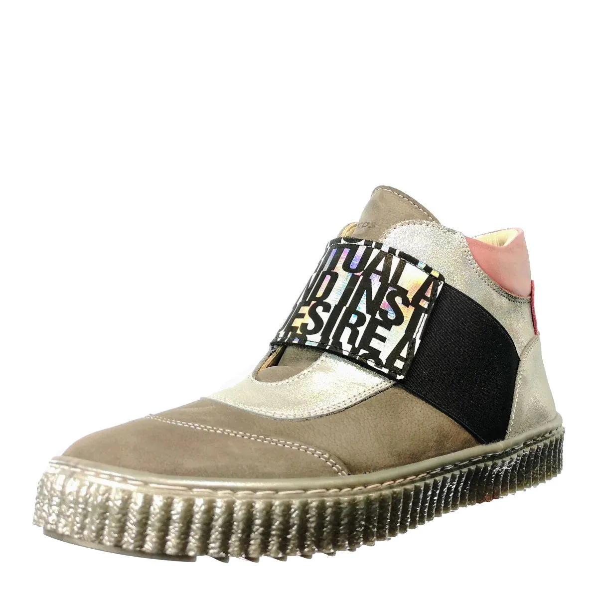 Szamos Kid Girl High-Top Shoes Grey And Pink With Wide Shiny Graphic Strechy Strap And Side Zipper - Made In Europe