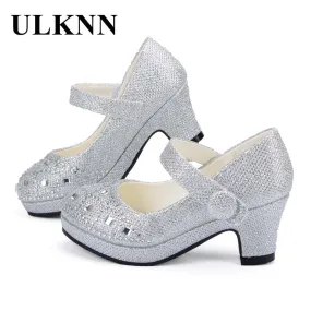 ULKNN Children Princess Shoes for Girls Sandals High Heel Glitter Shiny Rhinestone Enfants Fille Female Party Dress Shoes