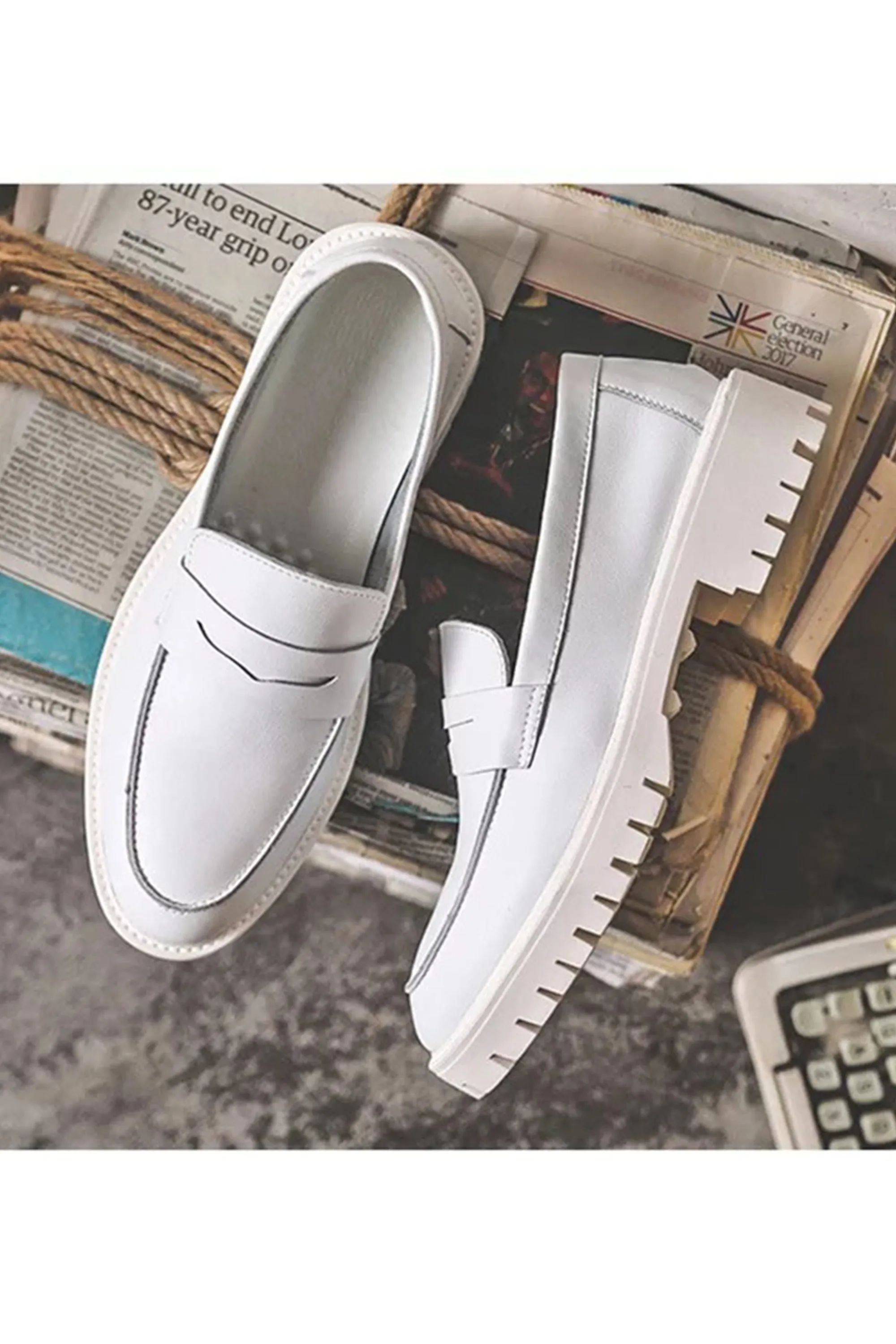 White Leather Thick Sole Loafers