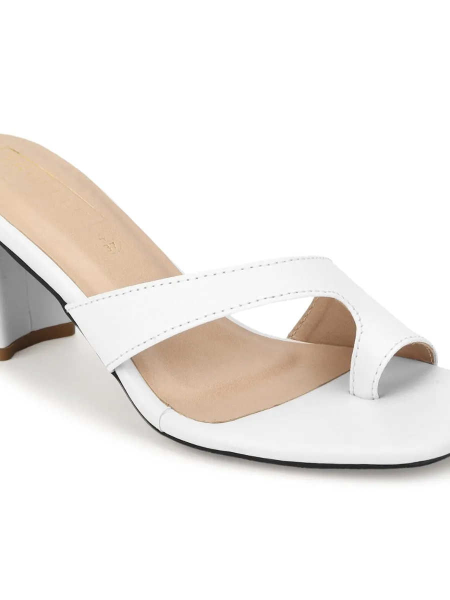 White PU Square Toe Block Heels Mules