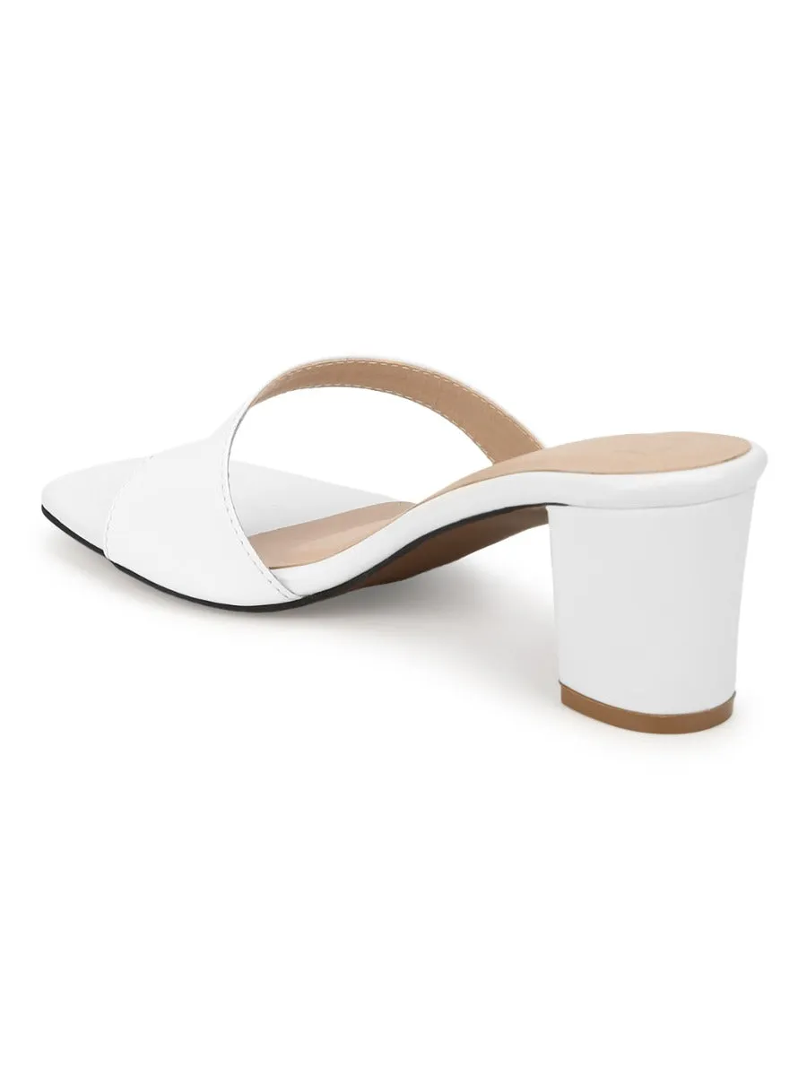 White PU Square Toe Block Heels Mules