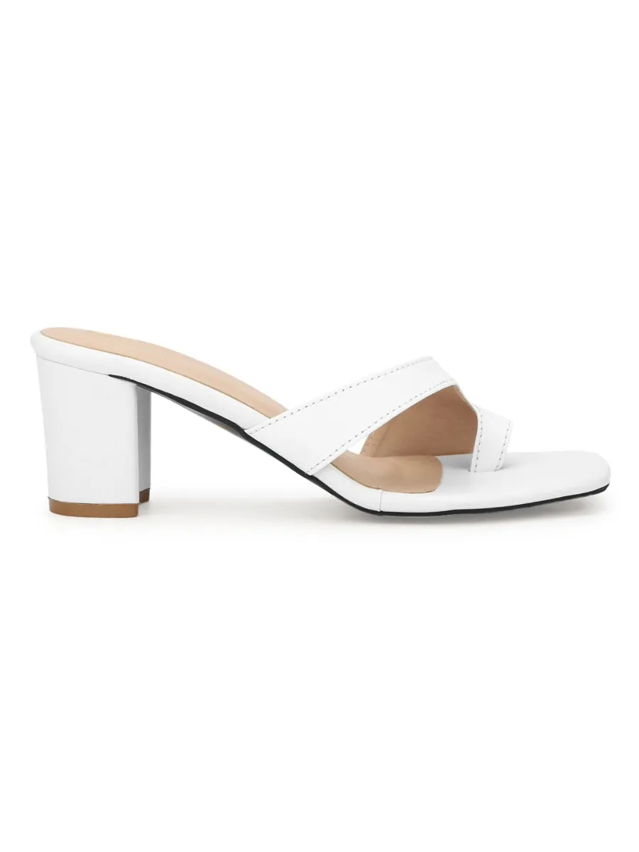 White PU Square Toe Block Heels Mules