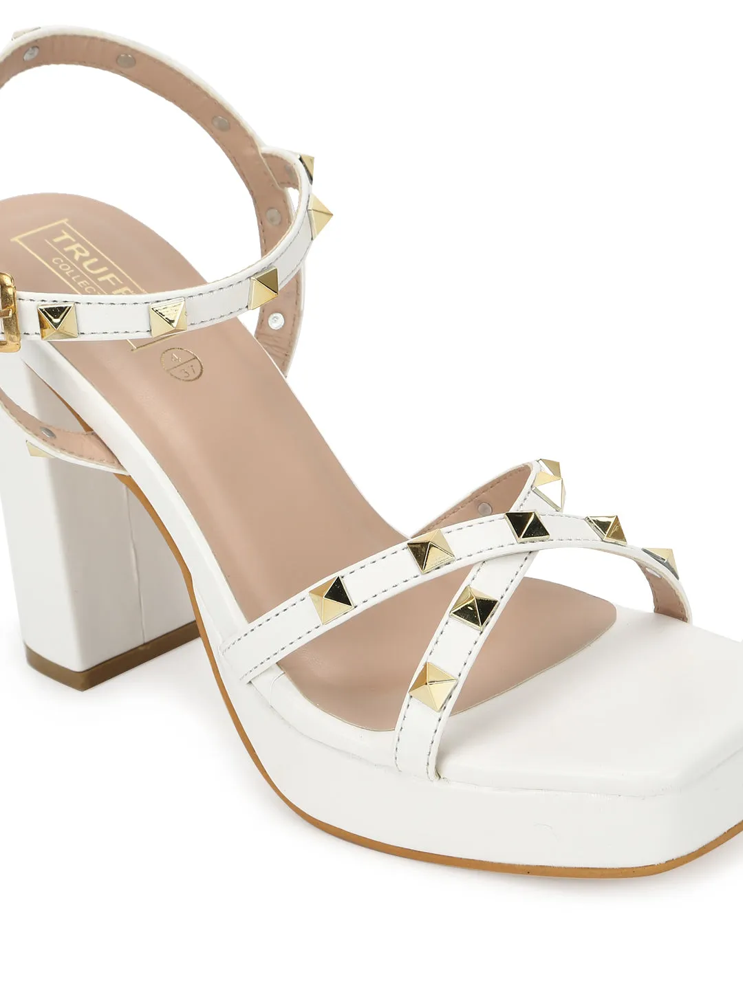 White PU Studded High Block Heels (TC-SLC-N1107-WHT)