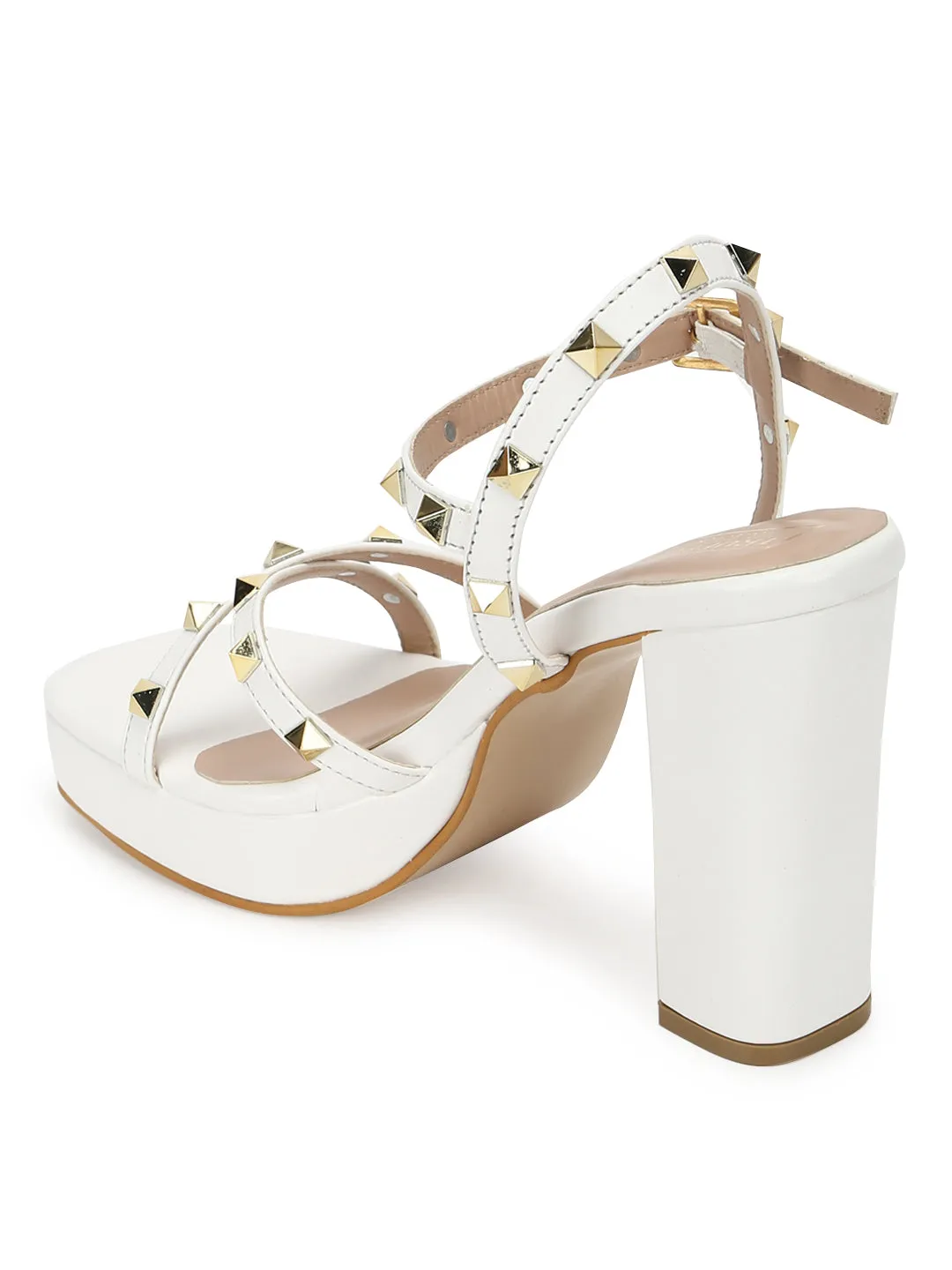 White PU Studded High Block Heels (TC-SLC-N1107-WHT)