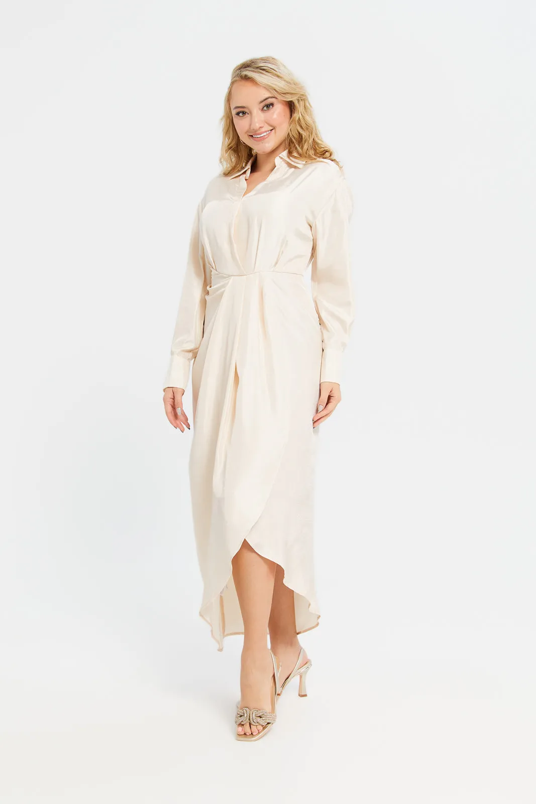 Woman Beige Wrapped Dress