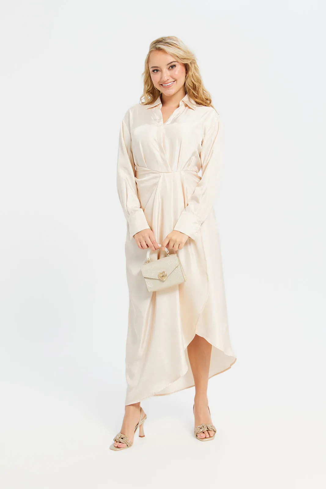 Woman Beige Wrapped Dress