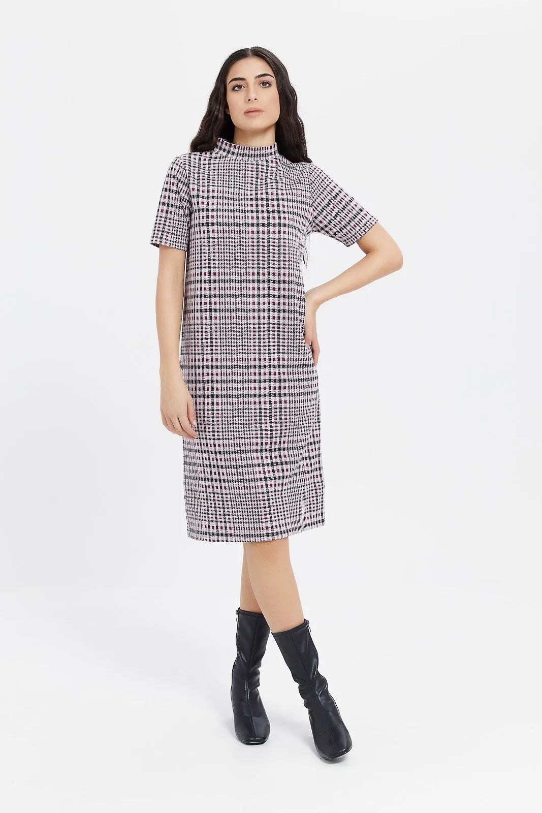 Women Multicolour High Neck Check Dress