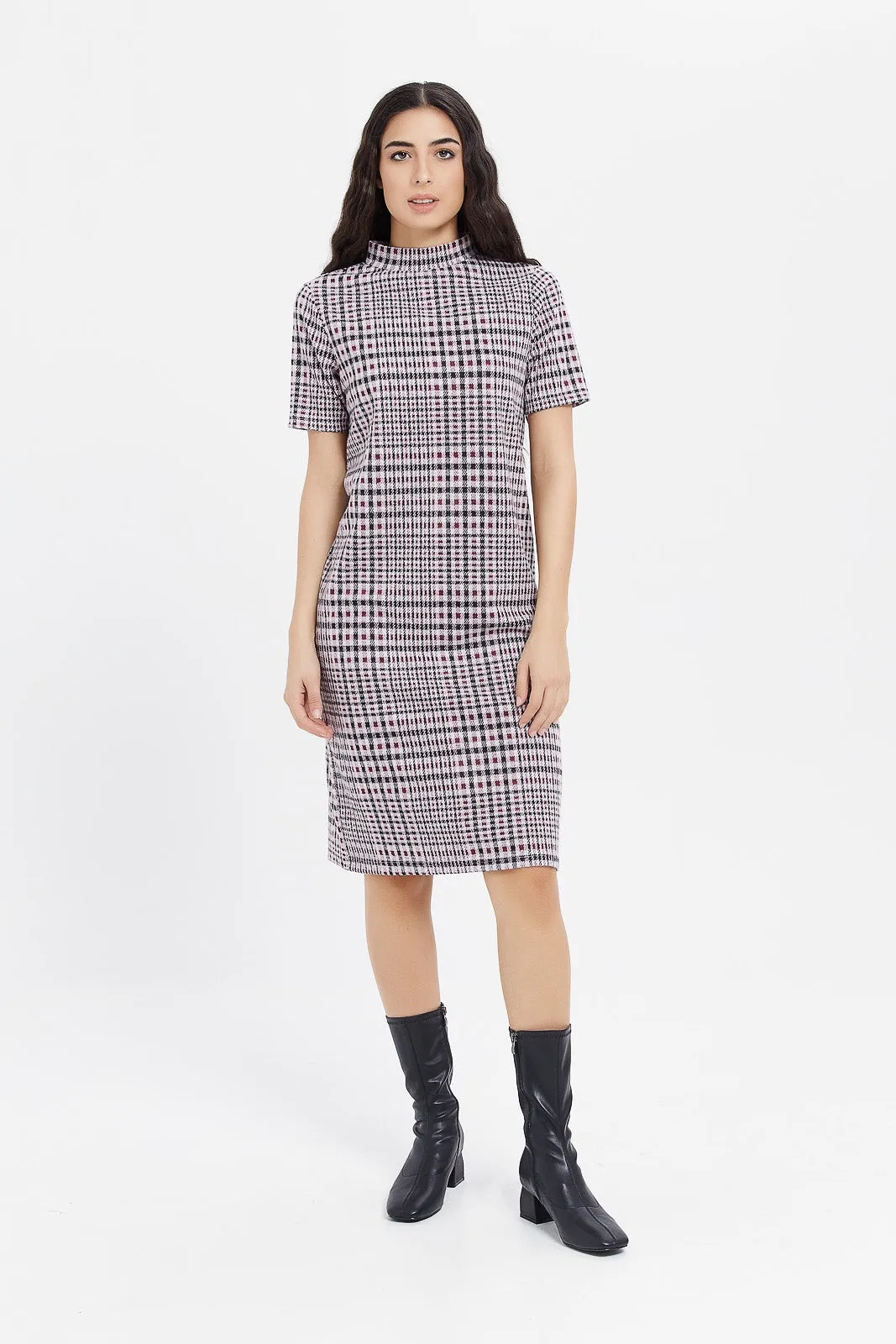 Women Multicolour High Neck Check Dress