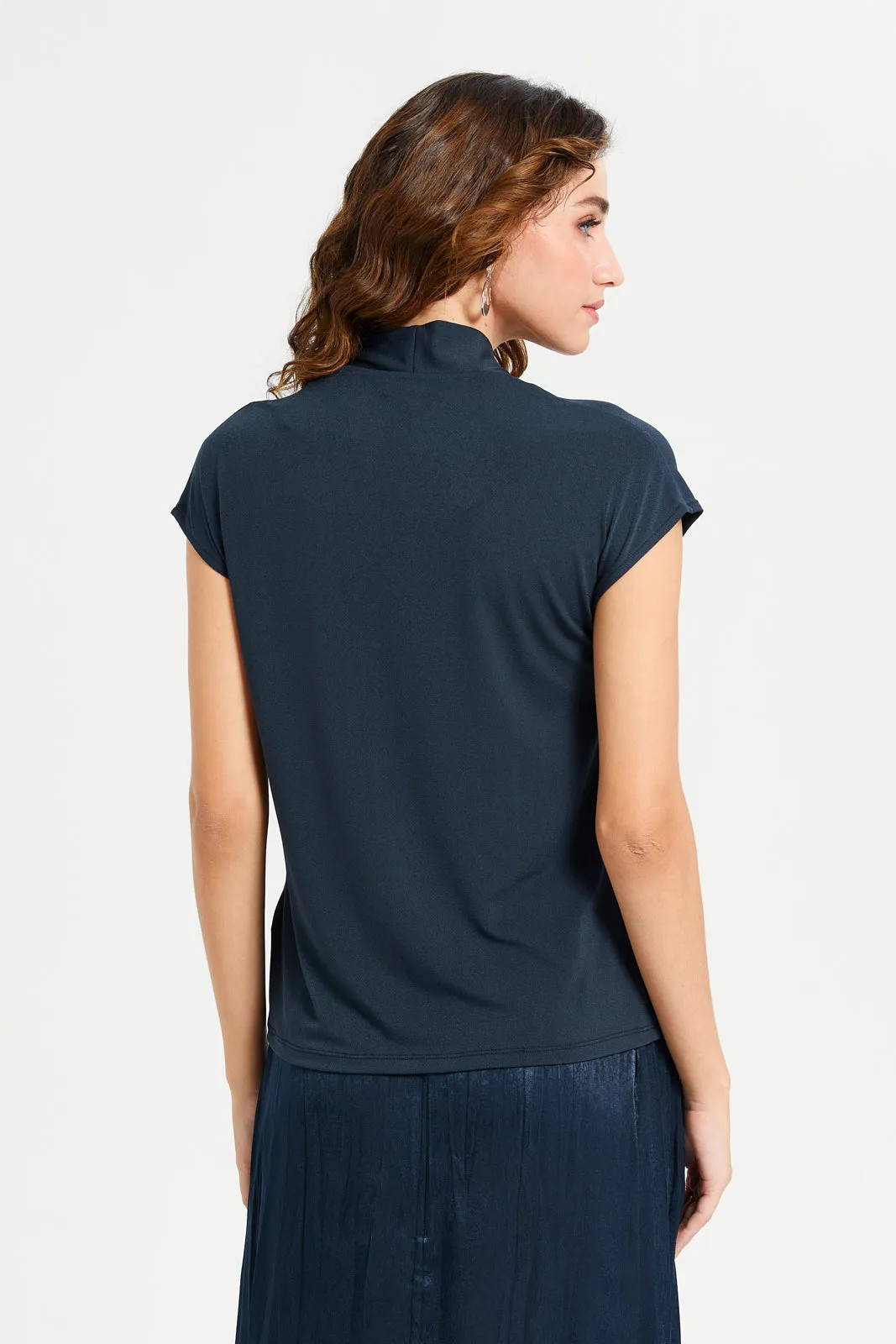 Women Navy Plain Drop Shoulder Jersey Top