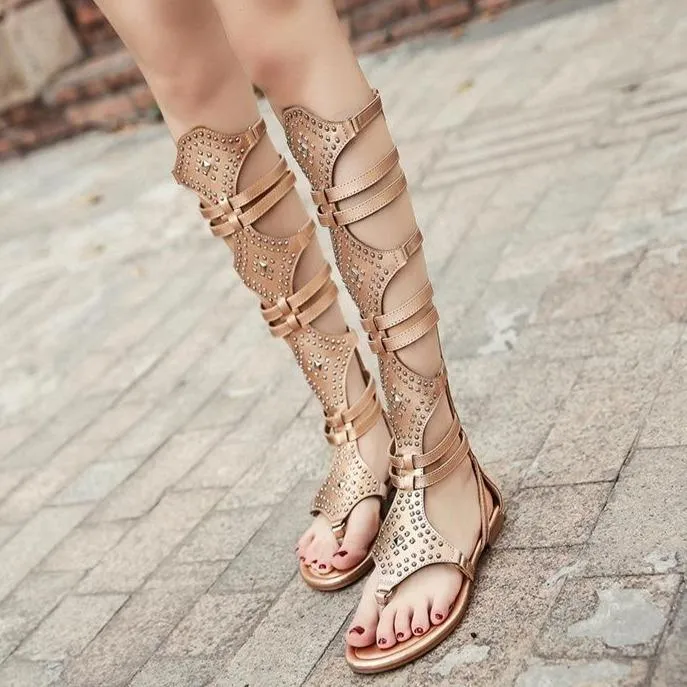 Women summer fashion studded hollow breathable knee high gladiator sandals